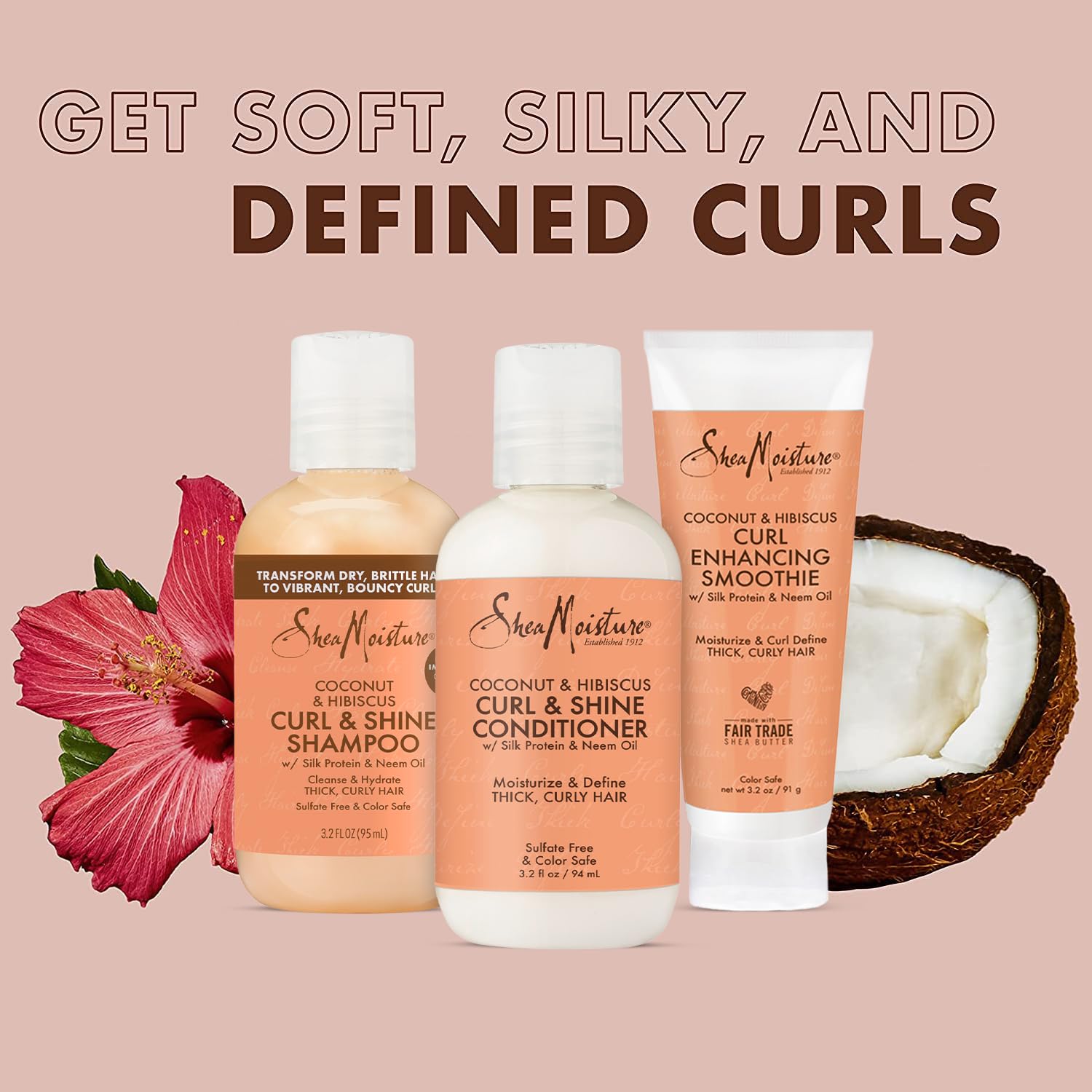 SheaMoisture Curl & Shine Shampoo, Conditioner & Curl Enhancing Smoothie, Travel-Size –Coconut & Hibiscus Curly Hair Products for Shiny Hair & Frizz Control, 3.2 Oz Ea (3 Piece Set)